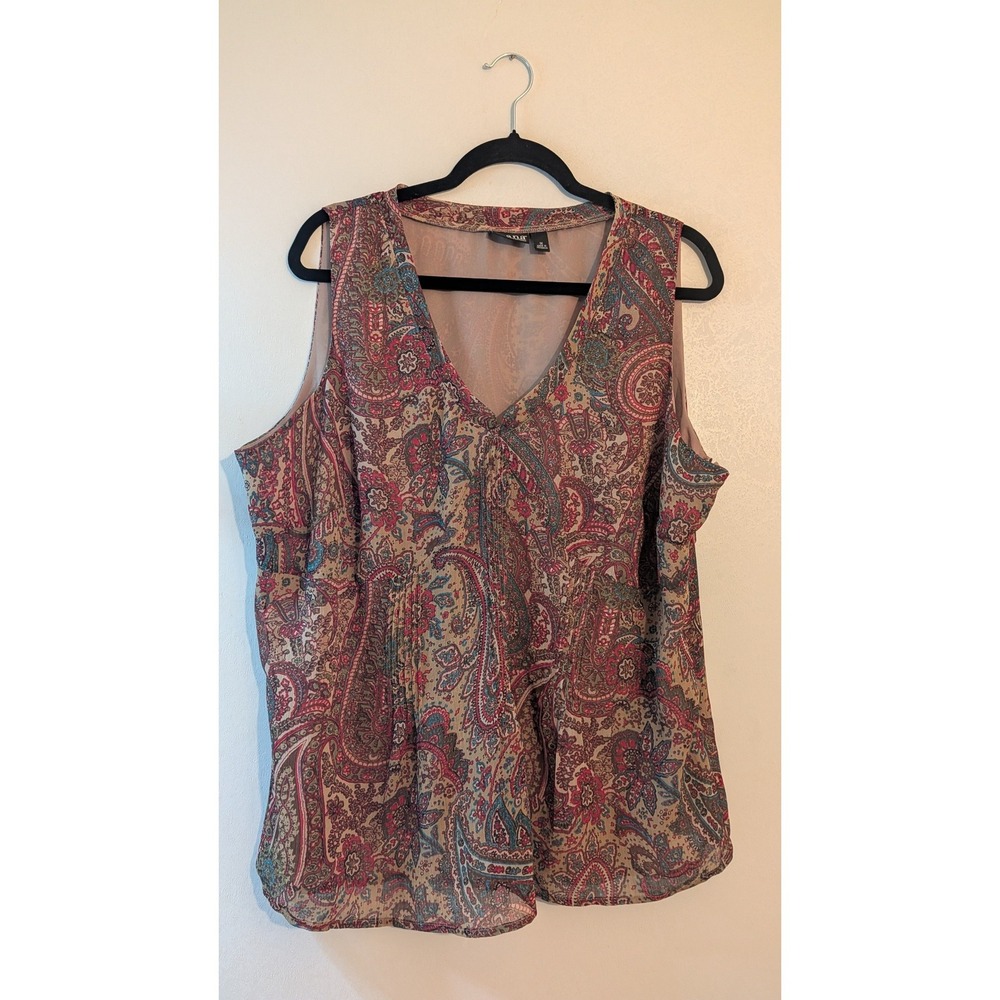 ANA A New Approach Womens 1X Paisley V-Neck Sleeveless Blouse Red Teal Lined
